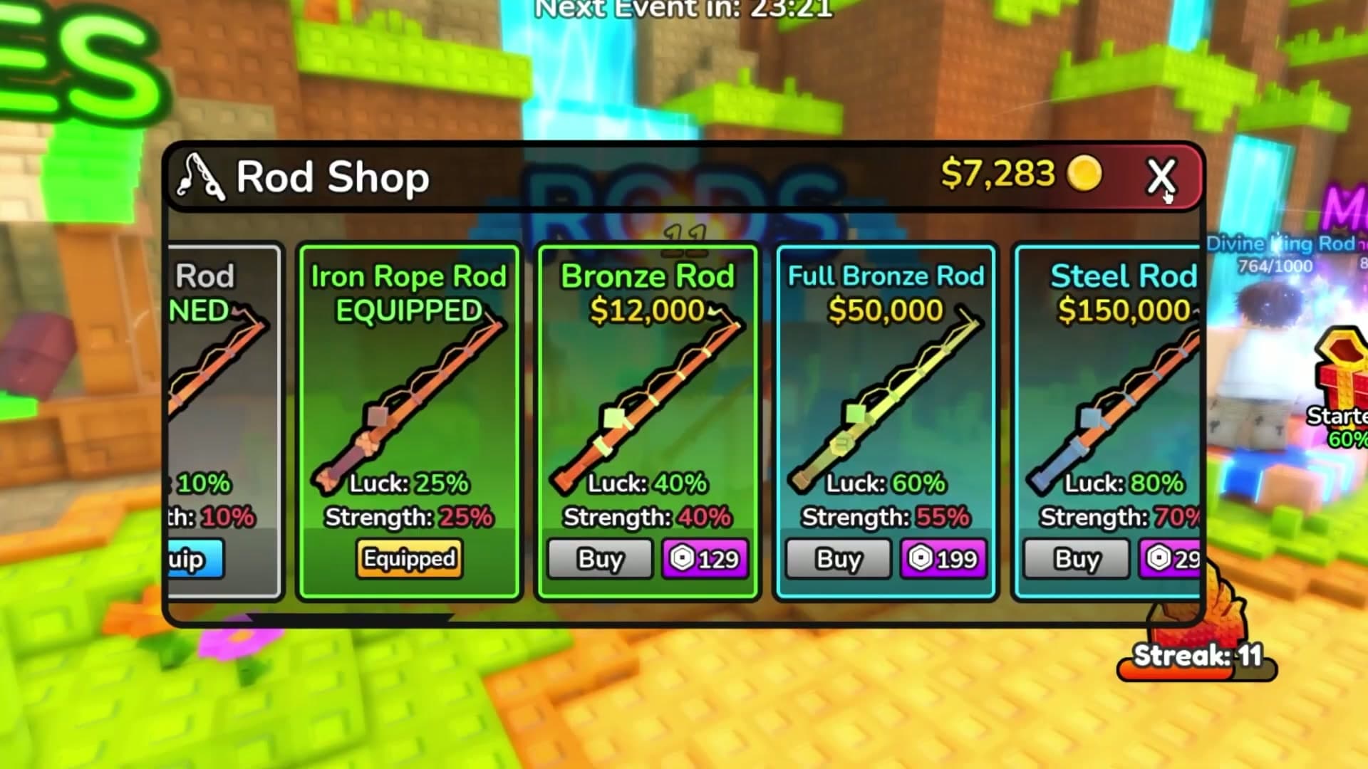 Deep Fishing Rod Shop showing rod cards, Strength labels, and purchase controls