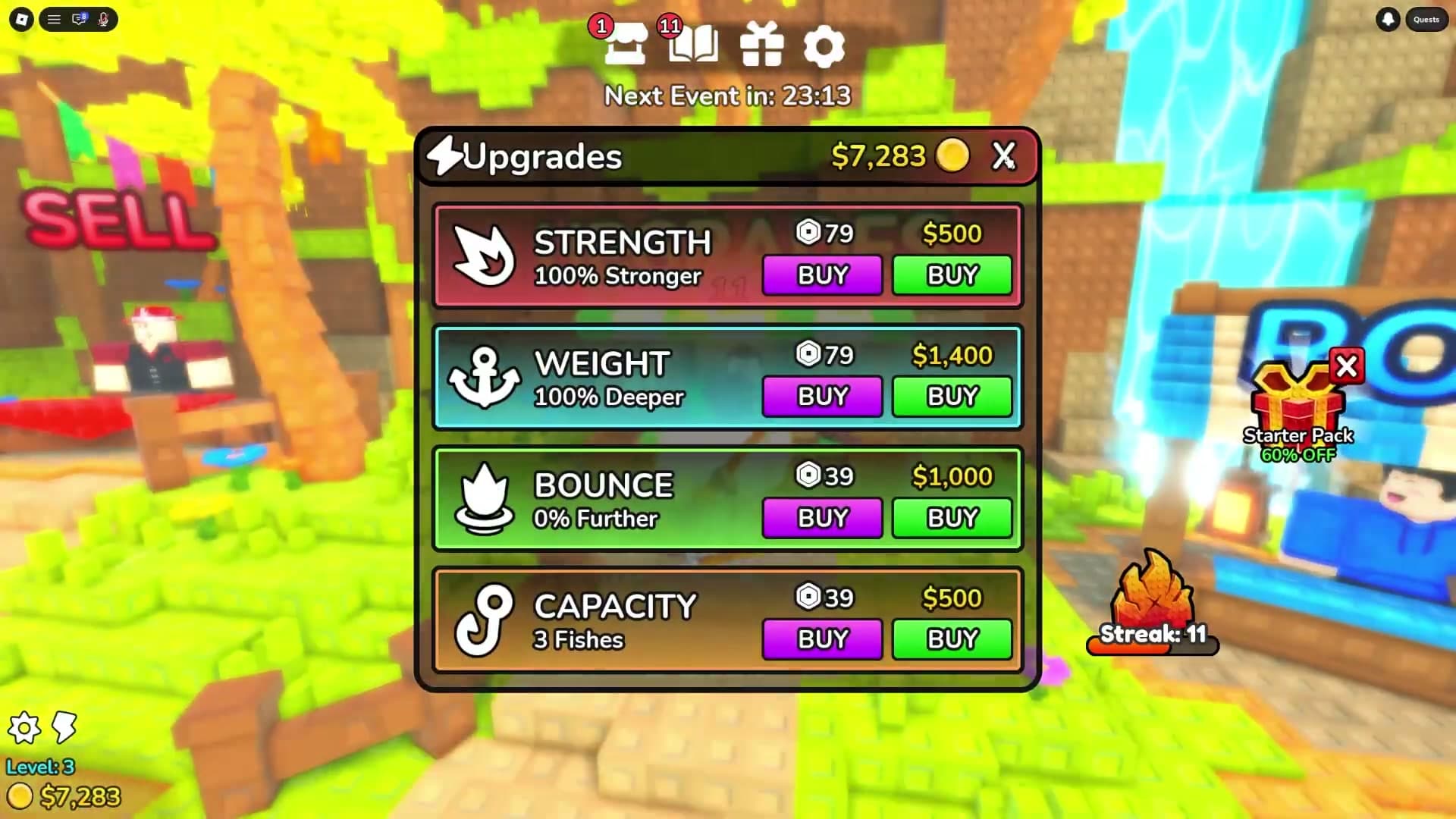 Deep Fishing Upgrades menu showing Strength, Weight, Bounce, and Capacity rows