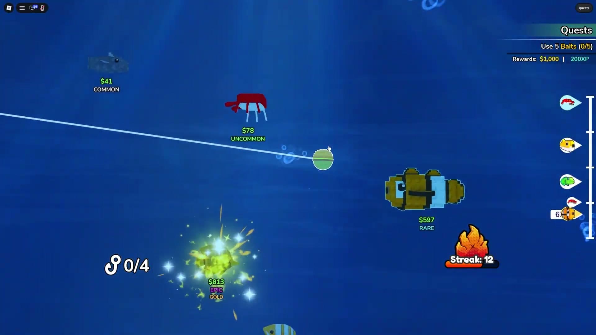 Deep Fishing underwater fishing scene with the line, fish labels, rarity labels, and catch HUD